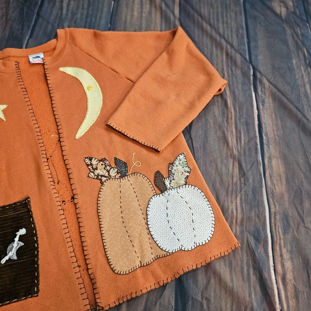 Vintage 1990s Handcrafted Pumpkin Patch Cardigan Sweatshirt Orange Folk Art Lg - Picture 13 of 14